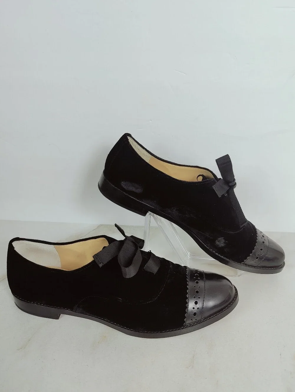 EUC Kate Spade Poppin Too Black Velvet Patent Leather Cap Toe Oxfords, Sz 10